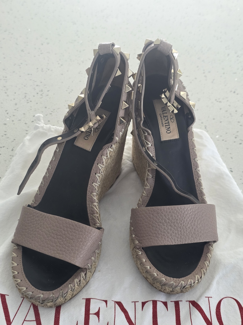 Valentino Rockstud Espadrille Wedge Sandals in Taupe